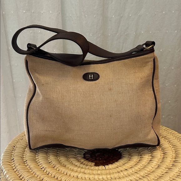 Etienne Aigner Handbags - Heritage Etienne Aigner Bag Tan Canvas with Burgundy Leather Trim